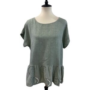 Terzo Millennio Linen Top Embroidered Drop Hem Relaxed Blouse Sz Medium